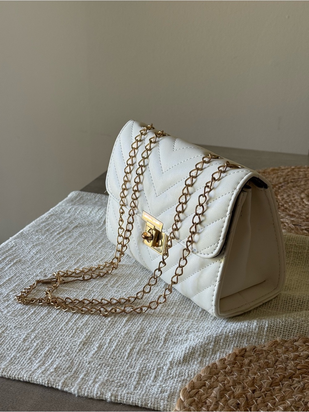 White Quilted Chain Shoulder Bag with Gold Hardware